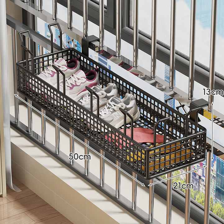 Hanging Balcony Two-Tier Shoe and Insole Organizer Rack with Mesh Baskets and Adjustable Hooks
