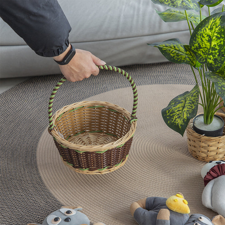 Braided storage basket with decorative cotton handles