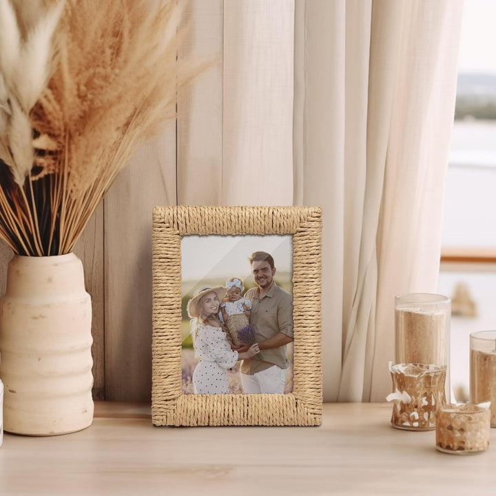 Artful picture frame made of woven natural material