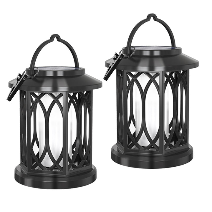Decorative solar-powered hanging lantern for outdoor use with iron mesh frame