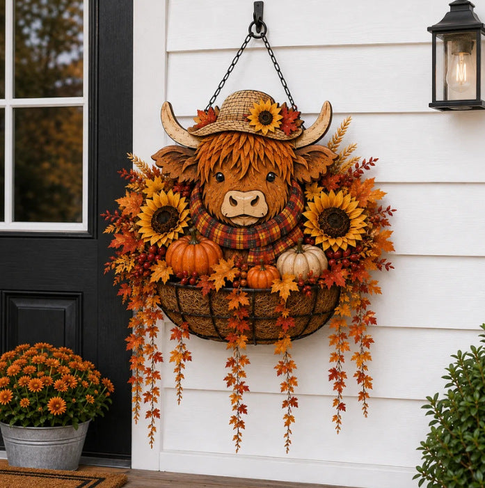 Autumn Hanging Porch Basket Decoration with Highland Cow Face Sunflowers Pumpkins and LED Fairy Lights