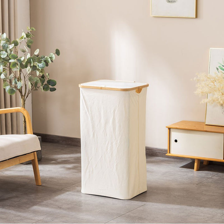 Laundry basket with removable lid and bamboo frame