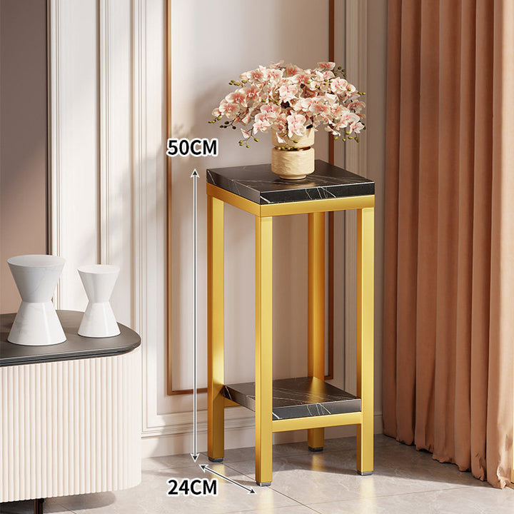 Tall Narrow Marble-Top Plant Stand Side Table with Lower Shelf and Gold Metal Frame