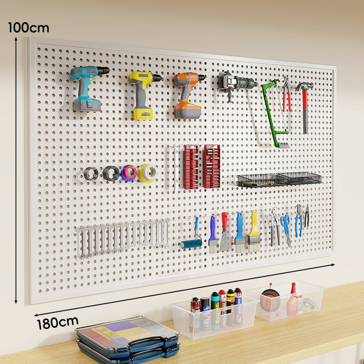 Heavy-Duty Wall-Mounted Perforated Steel Pegboard Tool Organizer with Modular Hooks and Shelf