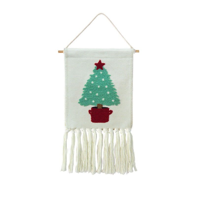 Woven cotton blend wall hanging with tufted cactus motif and cotton fringes