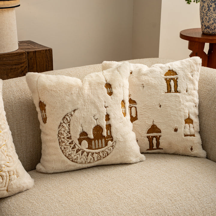 Square cushions made of micro plush with embossed mandala relief and concealed zipper