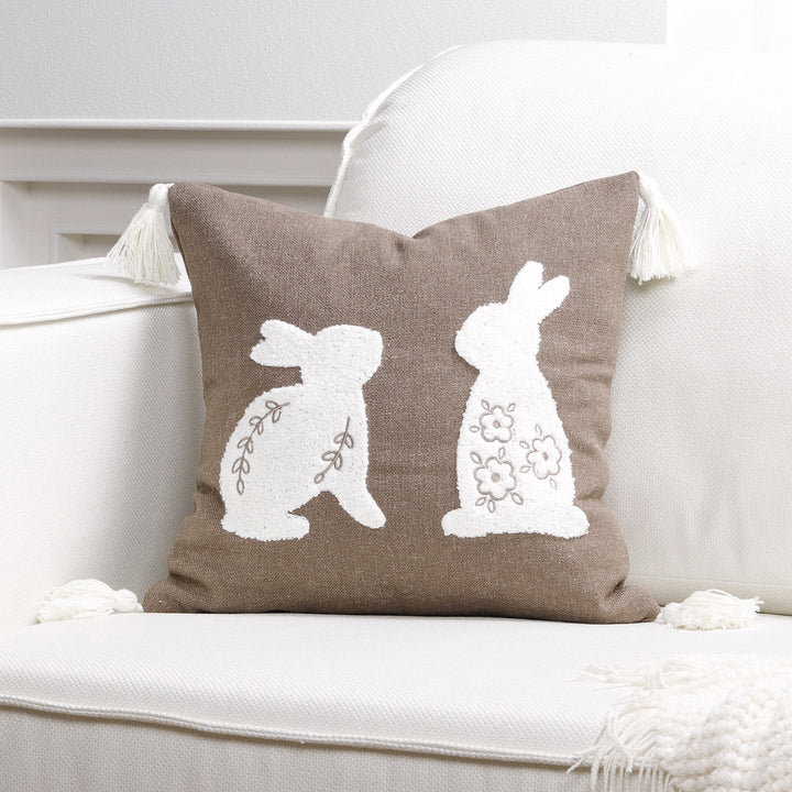 Decorative Lumbar Pillow Cover with Tufted Bunny Appliqués and Corner Tassels