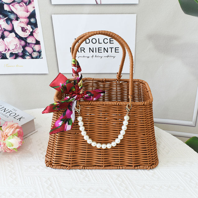 Chic Woven Handbag with Pearl Accent