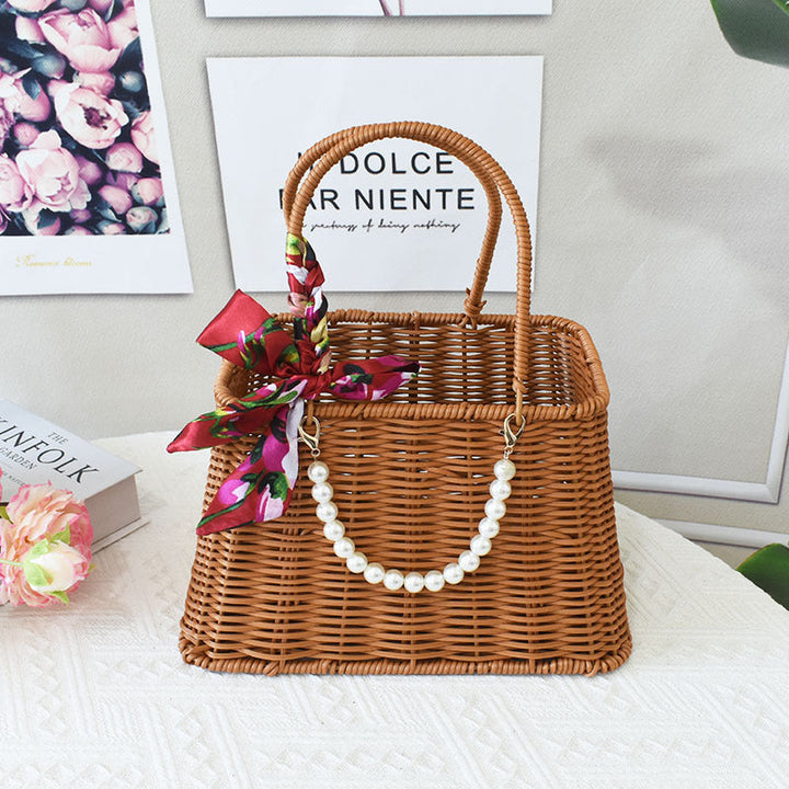 Chic Woven Handbag with Pearl Accent