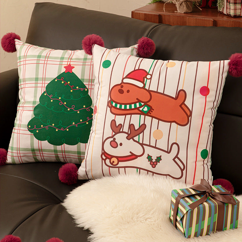 Square Christmas decorative cushion with pom-pom corners and printed dog design