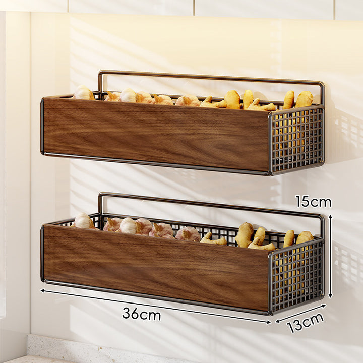 Wall-Mounted Wooden-Front Metal Mesh Kitchen Storage Basket Organizer