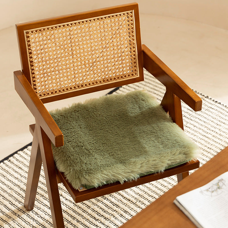 Square fluffy seat cushion with faux fur cover and attachment straps
