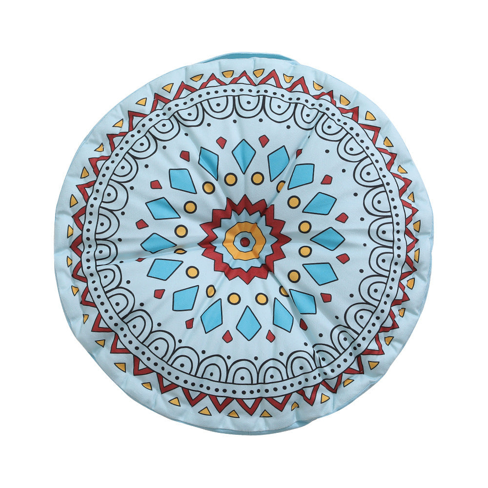 Round seat cushion with mandala print, thickly padded floor seating mat and carrying handle