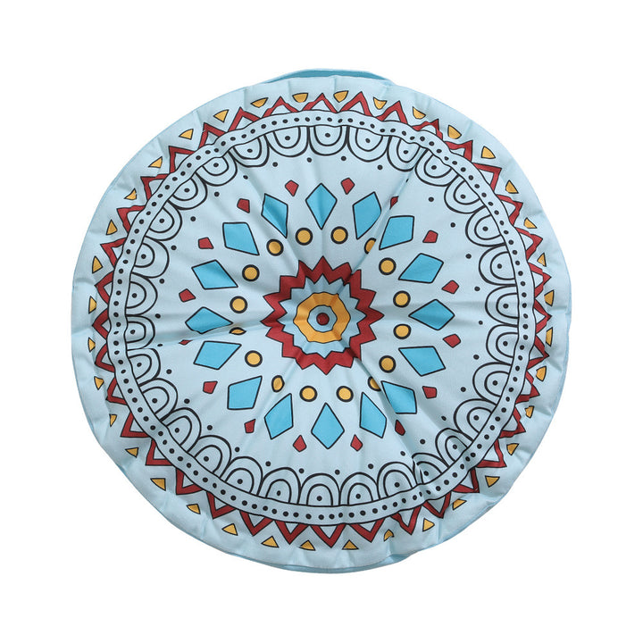 Round seat cushion with mandala print, thickly padded floor seating mat and carrying handle