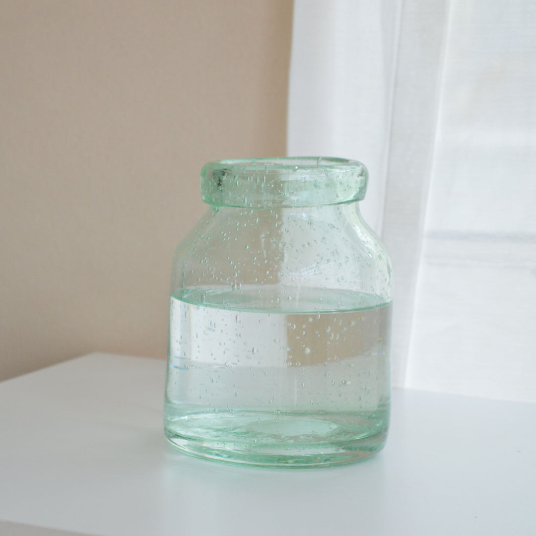 Hand-Blown Tall Flared-Wave Rim Sculptural Glass Vase on Stacked Orb Pedestal