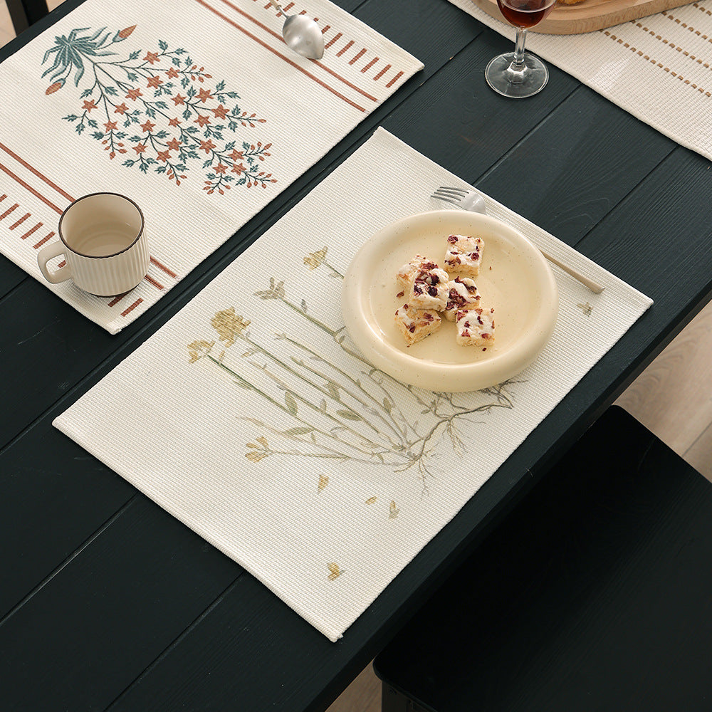 Woven placemat with botanical wildflower print and non-slip backing