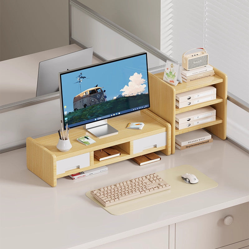 Solid Wood Monitor Riser and Desk Organizer with Dual-Level Shelf and Cable Management