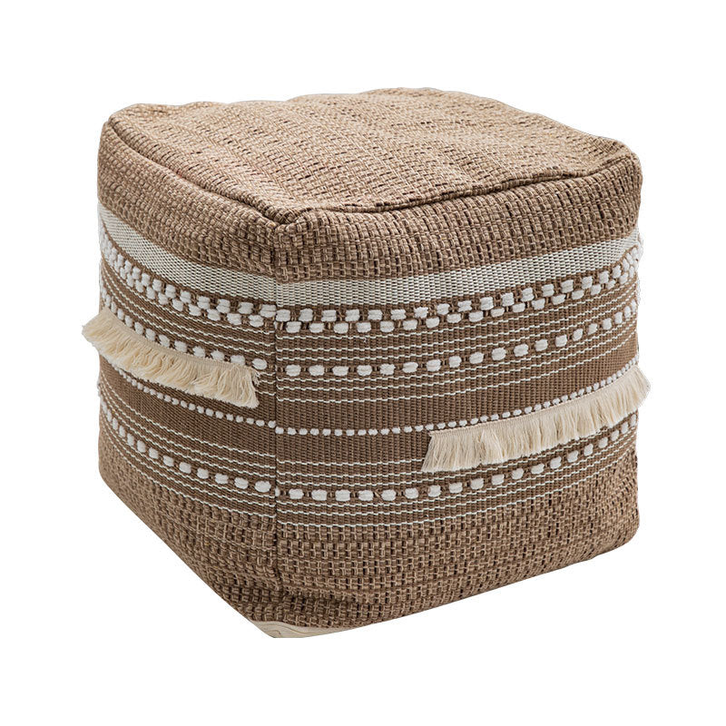 Padded pouf seat ottoman with woven structure and carrying handle