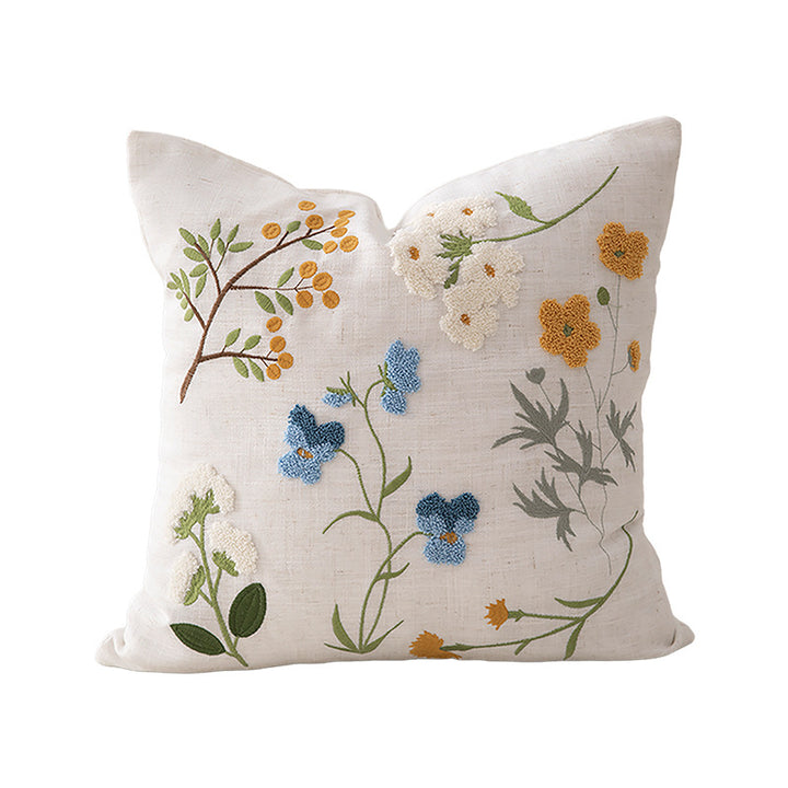 Embroidered linen decorative pillow with botanical flower embroidery