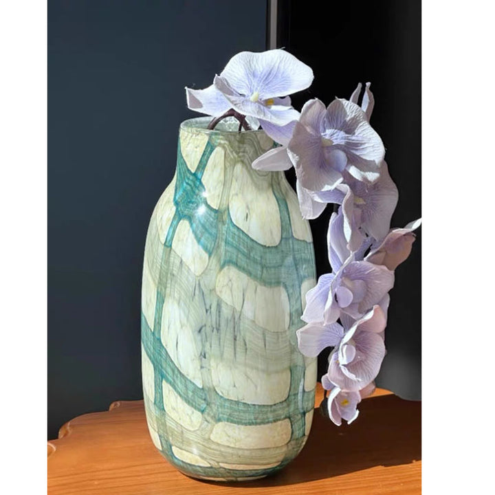 Hand-Glazed Crackle-Effect Ceramic Tabletop Vase with Organic Grid Pattern