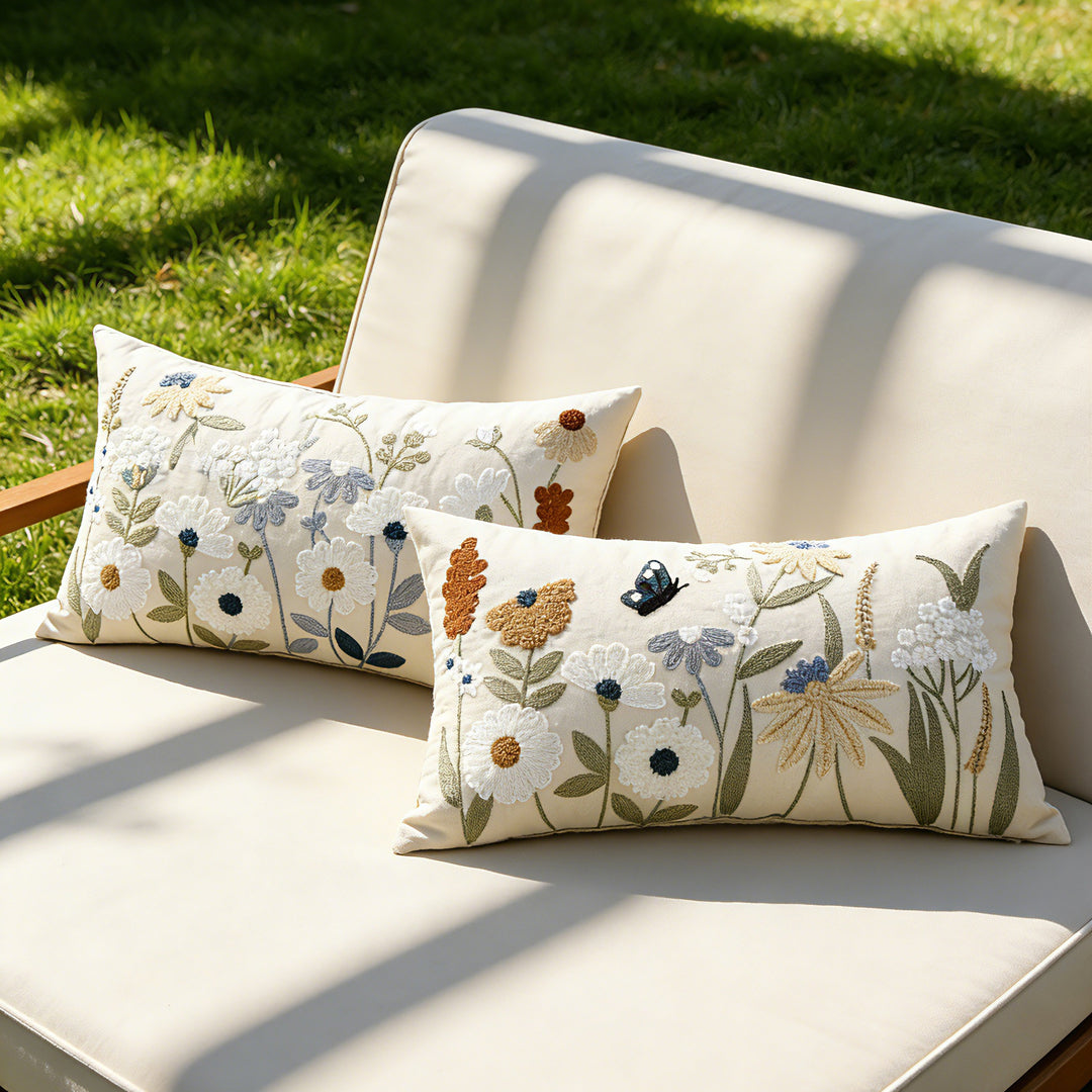 Hand-Embroidered Meadow Floral Accent Pillow Covers Set with Hidden Zipper