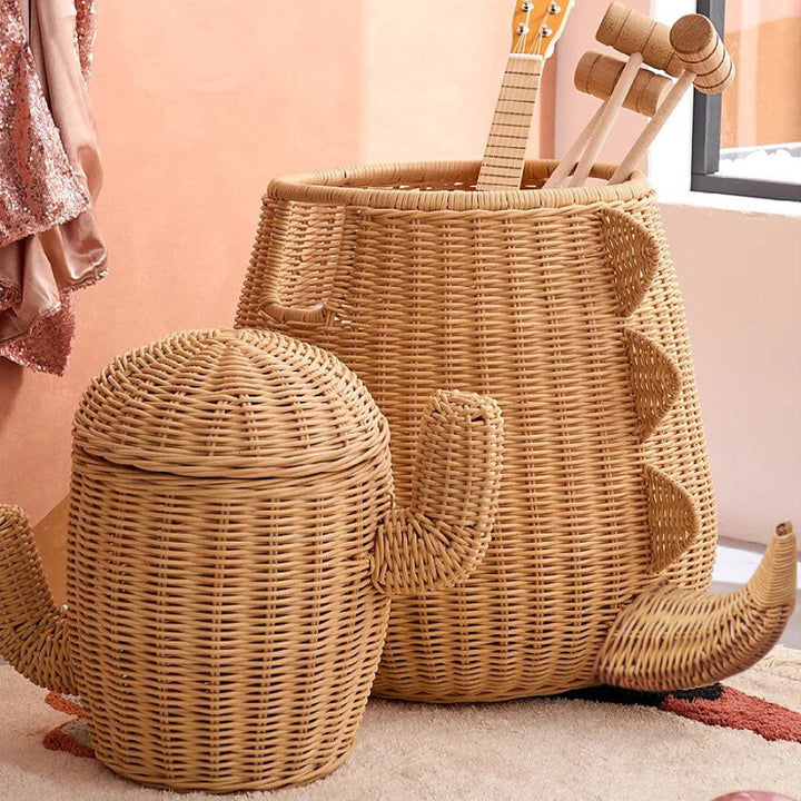 Handcrafted toy basket with dinosaur motif