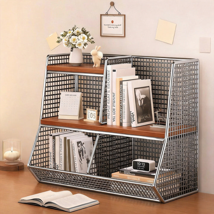 Multi-Tier Metal Mesh Desktop Organizer Shelf with Angled Front Basket