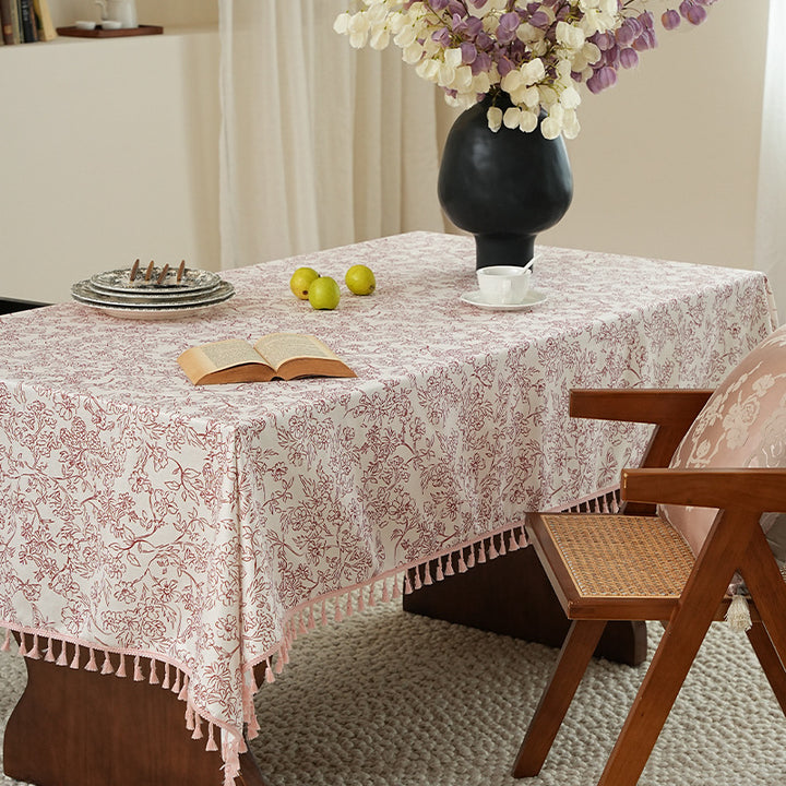 Tablecloth made of cotton blend fabric with floral jacquard look and tassel trim