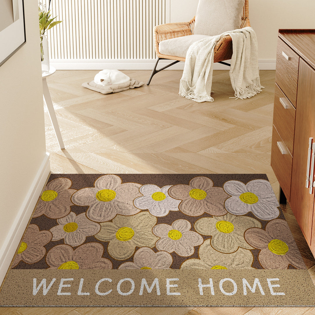 Absorbent Anti-Slip Indoor Entrance Doormat with Retro Yellow Gerbera Print and 'Welcome Home' Typography