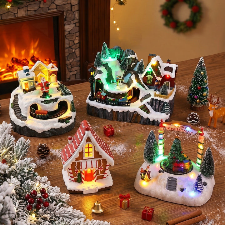 Illuminated Christmas village decoration with moving figures