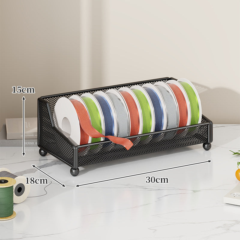 Metal Mesh Ribbon and Tape Spool Organizer with Integrated Scissor Slot