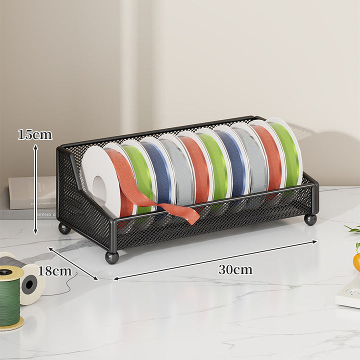Metal Mesh Ribbon and Tape Spool Organizer with Integrated Scissor Slot