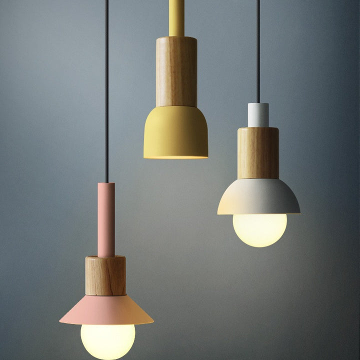 Minimalist wood and metal pendant lamp with small shade dome