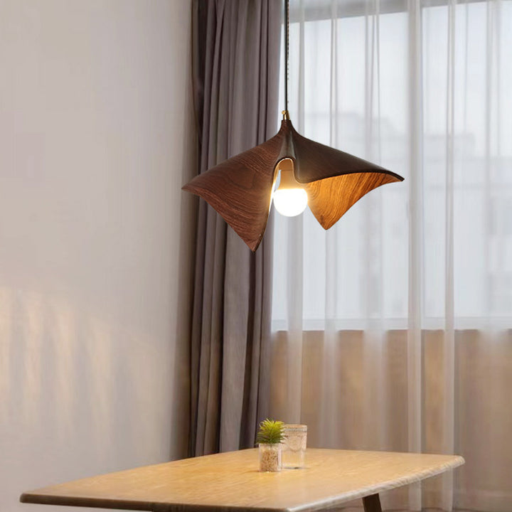 Organic Curved Wood-Look Resin Pendant Light with Draped Petal Shade