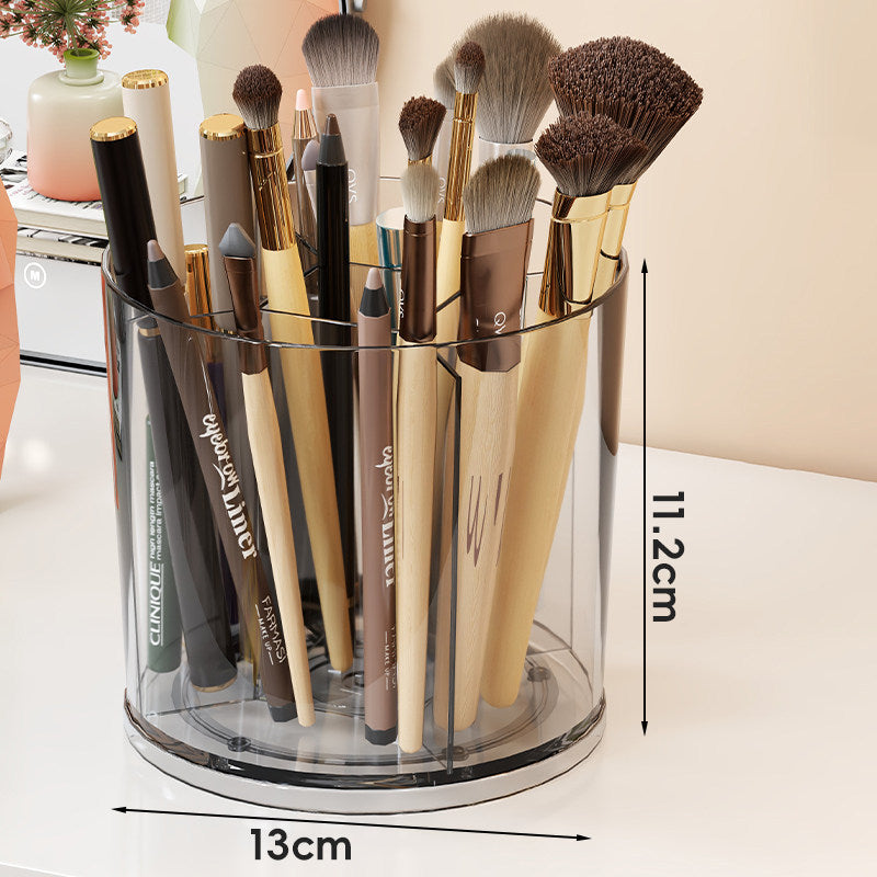 Rotating Clear Acrylic Makeup Brush and Cosmetic Organizer with Multi-Compartment Dividers