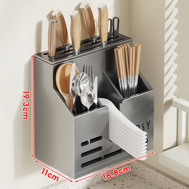 Wall-Mounted Stainless Steel Kitchen Knife and Cutlery Organizer with Drainage and Multi-Compartment Storage