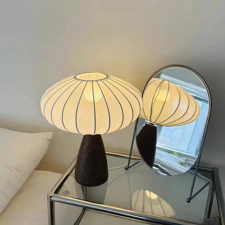 Mid-Century Wood Grain Cone Base Mushroom Fabric Table Lamp