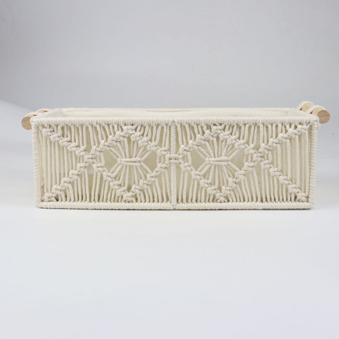 Storage basket with macrame pattern