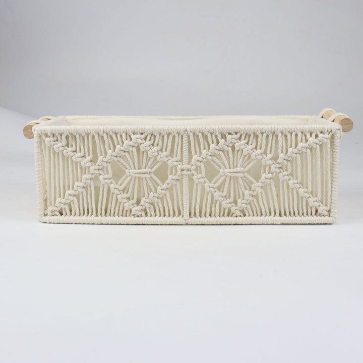 Storage basket with macrame pattern