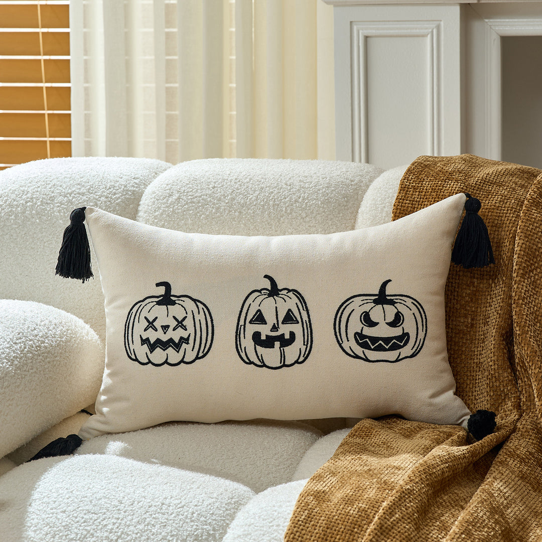 Tufted Ghost Appliqué Cotton-Linen Square Decorative Throw Pillow Cover