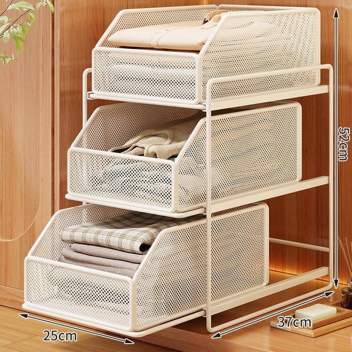Two-Tier Pull-Out Wire Mesh Closet Organizer with Soft-Glide Slide and Stackable Drawers
