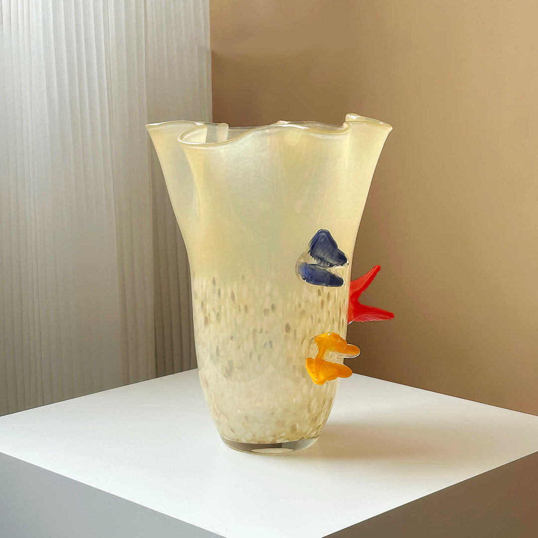 Hand-Blown Decorative Speckled Ruffled-Rim Art Glass Vase with Applied Flower Accents