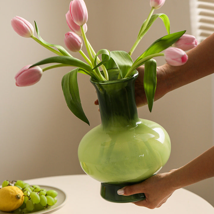 Hand-Blown Marbled Bulbous Glass Decorative Vase with Tall Neck