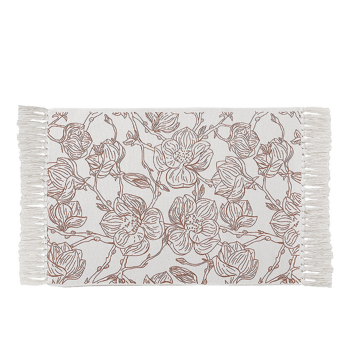 Decorative table runner made of cotton with botanical bird print and fringes