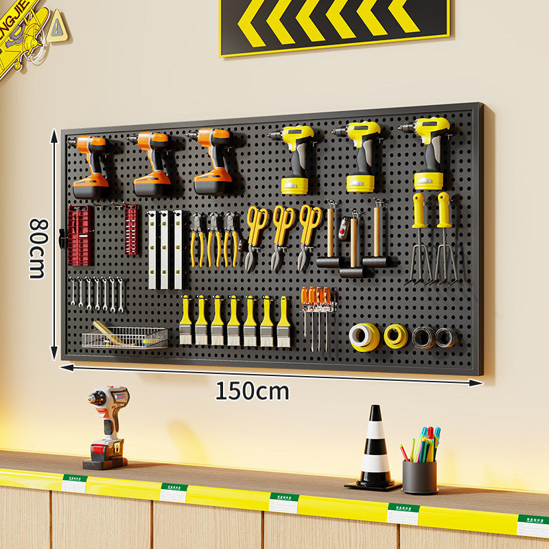 Wall-Mounted Perforated Metal Tool Pegboard Organizer with Magnetic Strip and Multi Hooks