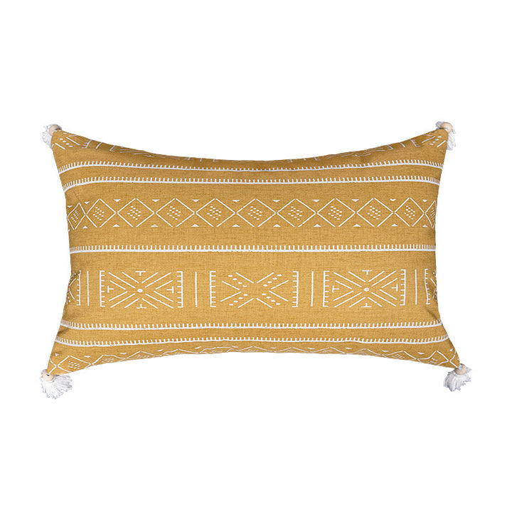 Square decorative cushion cover made of cotton blend with handwoven texture, geometric diamond print, and corner tassels