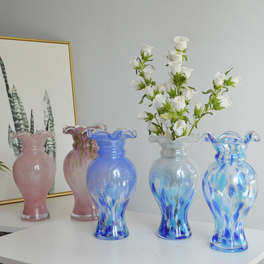 Hand-Blown Fluted-Rim Bulbous Pedestal Art Glass Vase