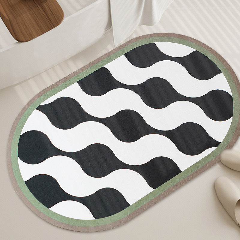 Oval non-slip vinyl mat with fine mosaic print and water-repellent surface
