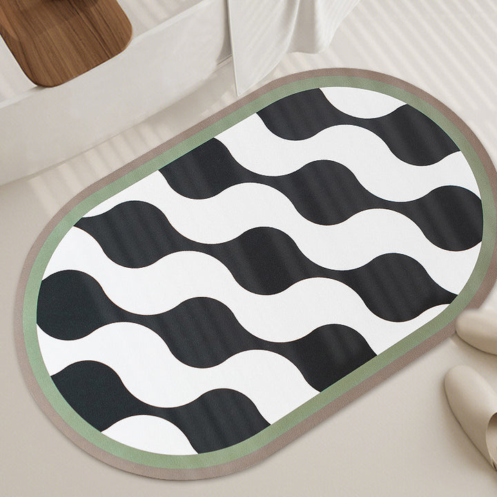 Oval non-slip vinyl mat with fine mosaic print and water-repellent surface