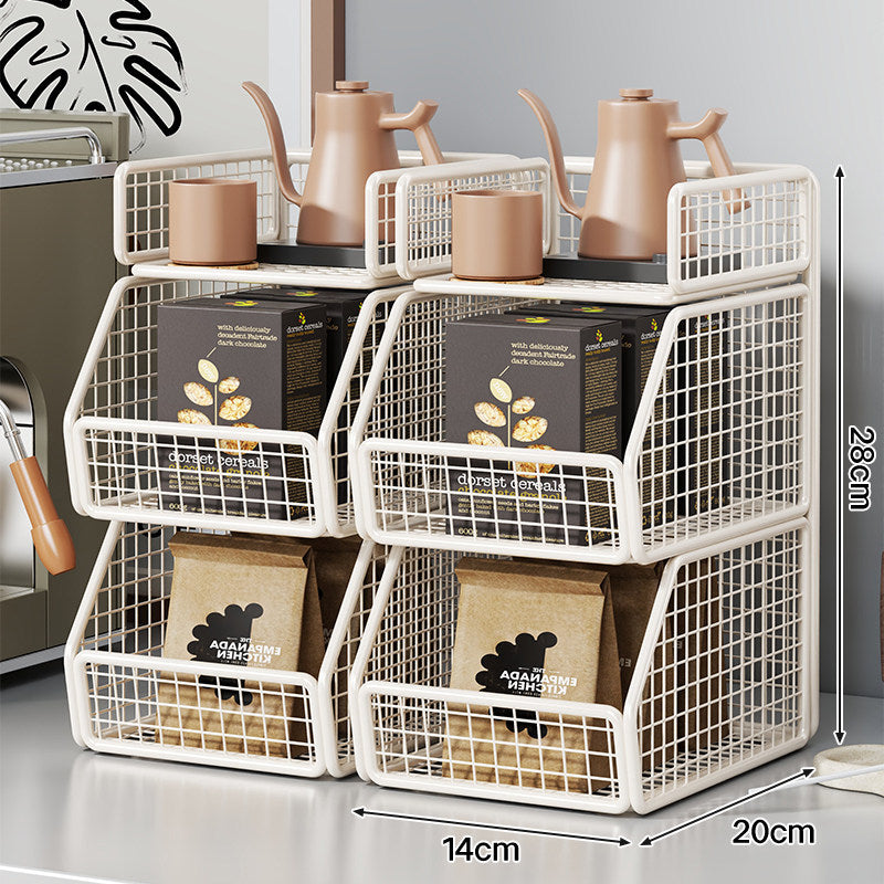 Stackable Two-Tier Wire Mesh Countertop Pantry Organizer with Tilt-Front Bins